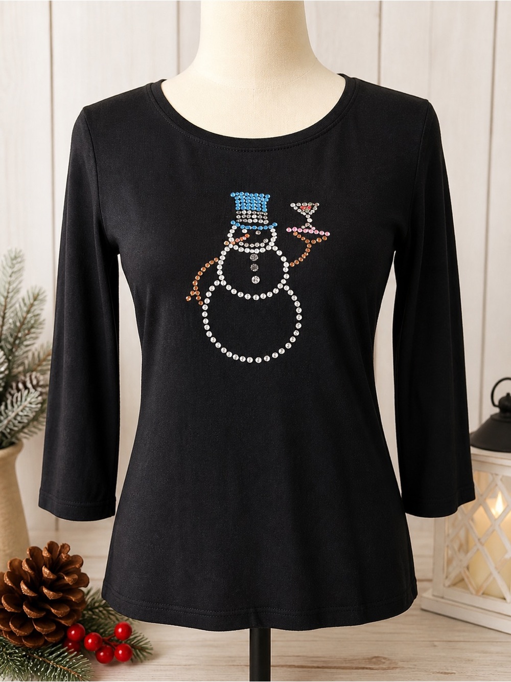 Studio Joy Black Sequin Snowman Martini Small Holiday Christmas Bling 3/4 Sleeve